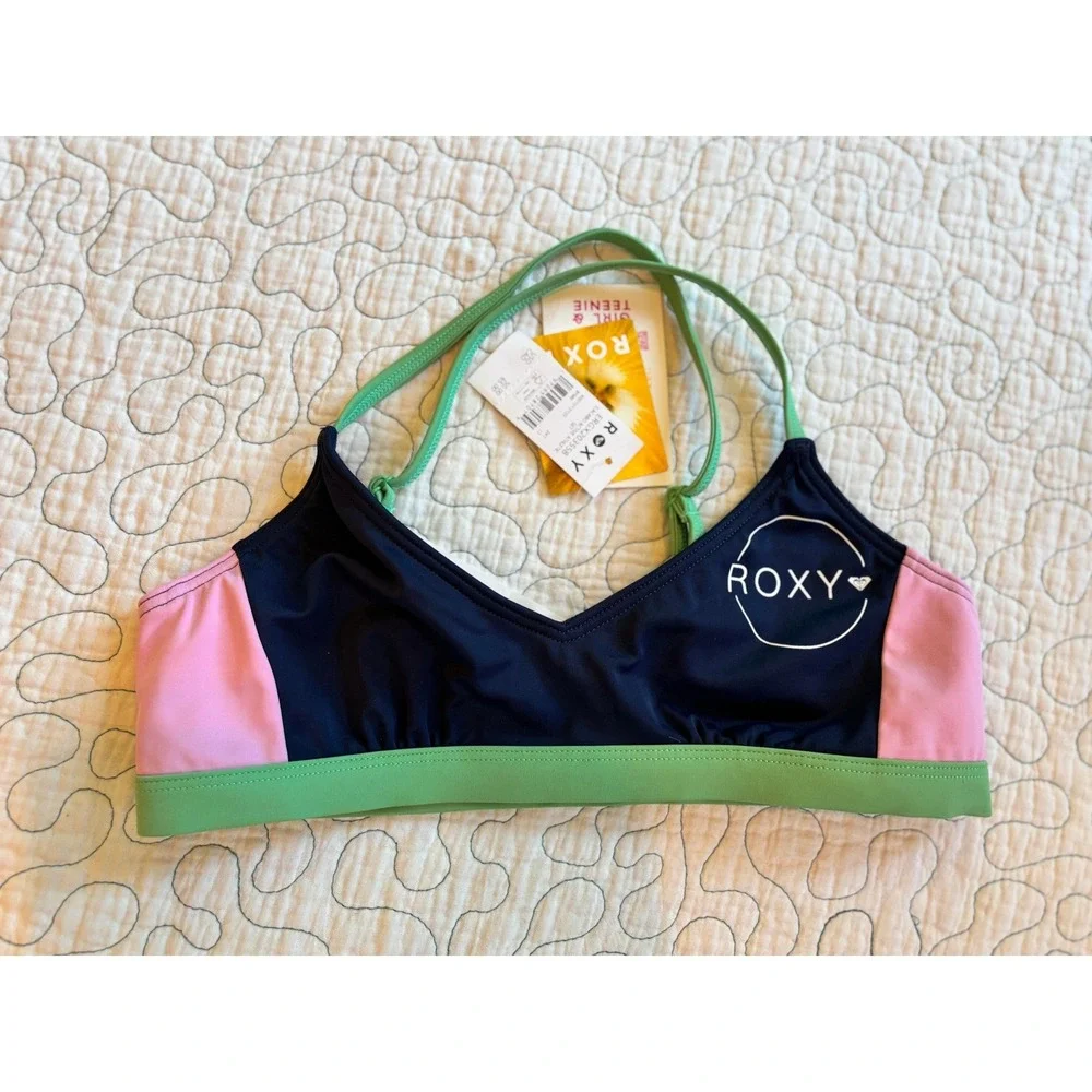 Roxy Girl Bikini Top Navy Pink Green Colorblock Adjustable Straps‎ Size 12